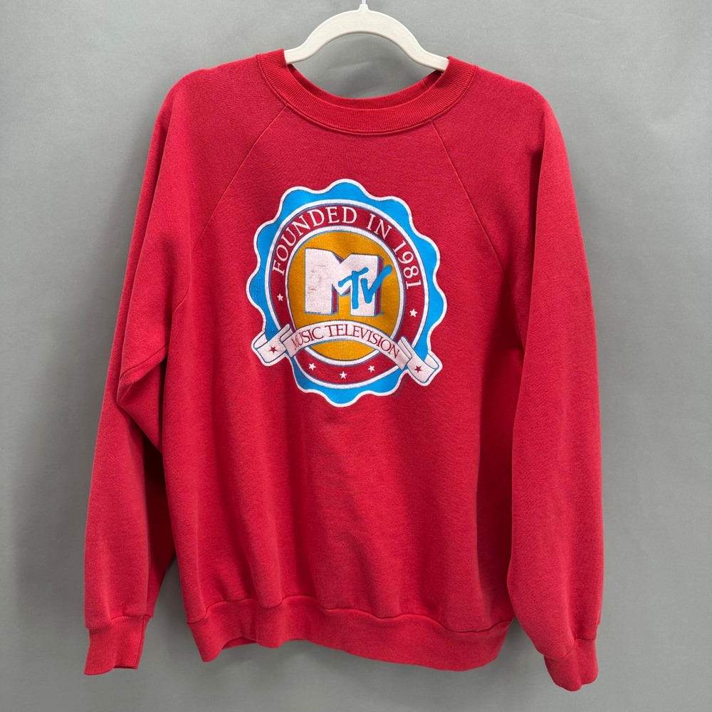 Vintage MTV Music Television 1981‎ Red Crewneck Sweatshirt Womens M Pop Culture